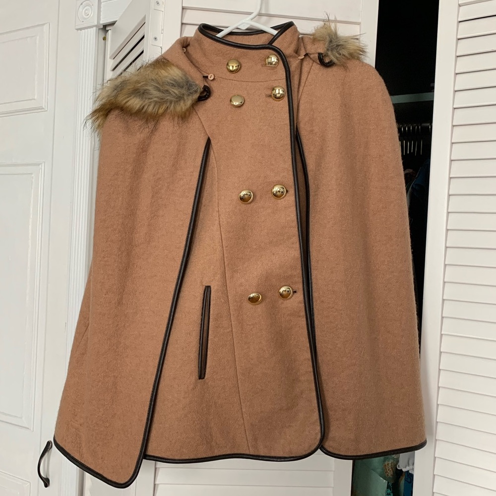 Camel Cape/Coat Double-breasted with Fur Hood